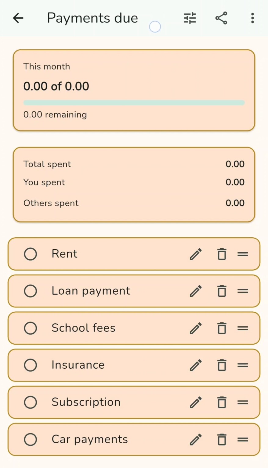 Payments due shared spending list